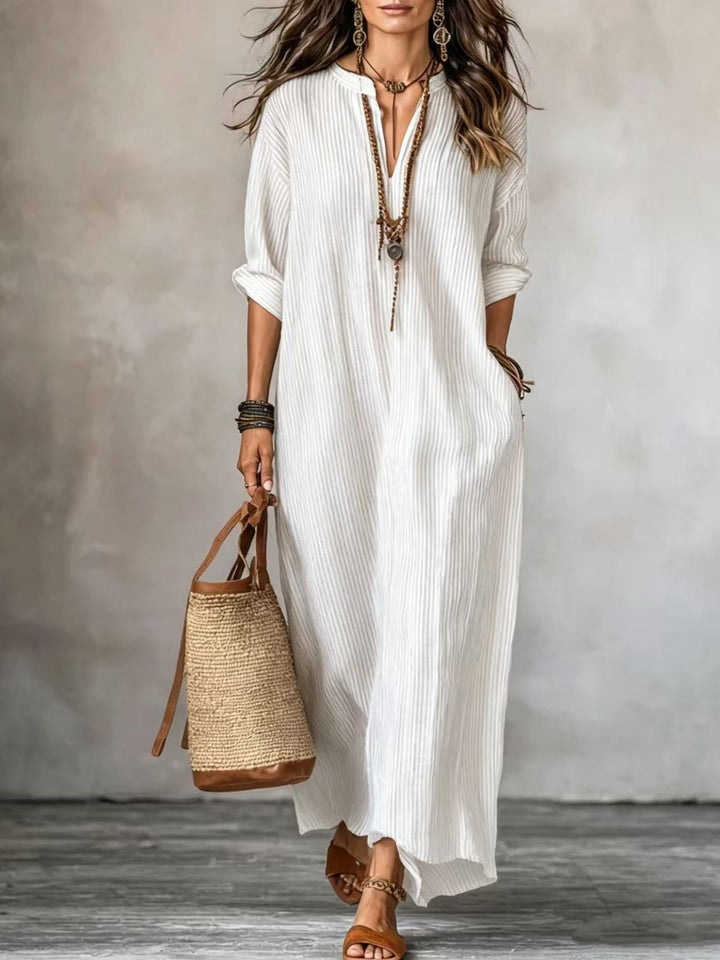 Haven | Robe Longue Rayée à Manches Longues, Col en V et Poches