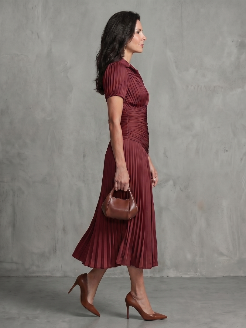 Theodora | Robe Midi Rayée à Taille Plissée