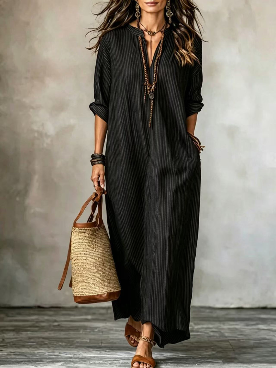 Haven | Robe Longue Rayée à Manches Longues, Col en V et Poches