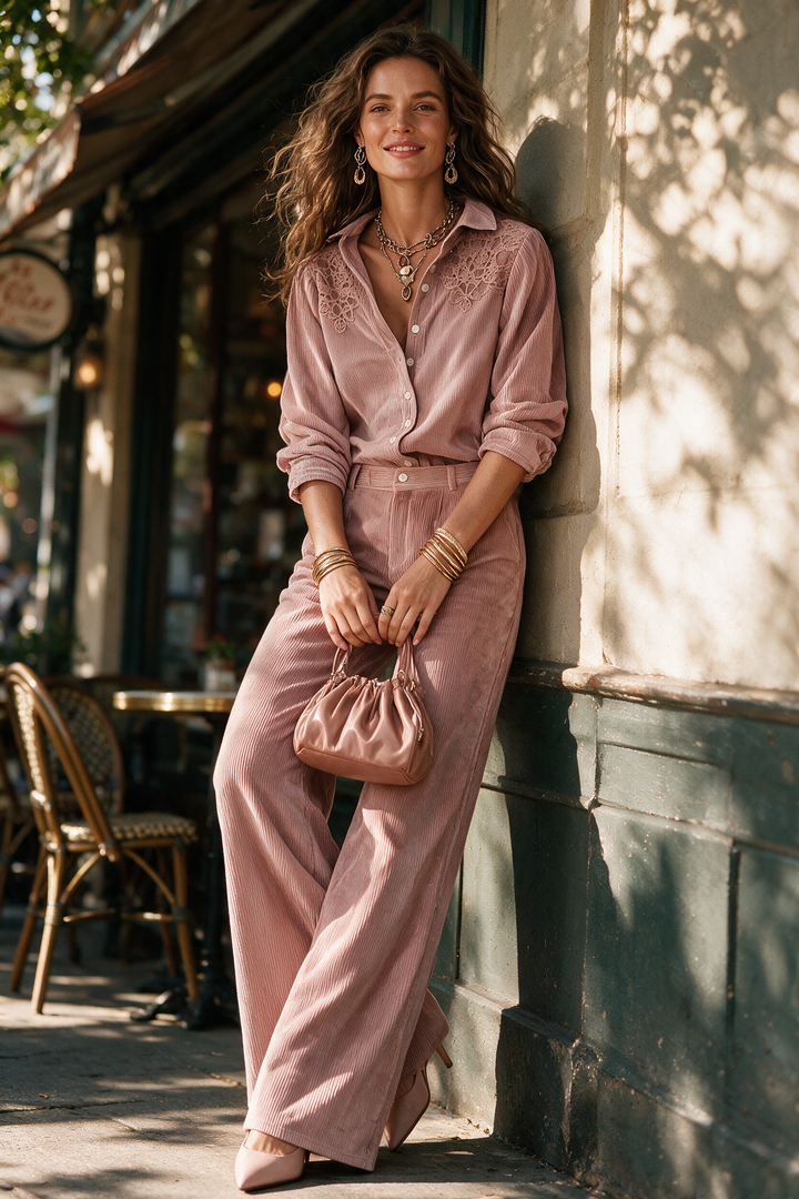 Ensemble Bohème Chemise en Velours Côtelé à Dentelle et Pantalon Large