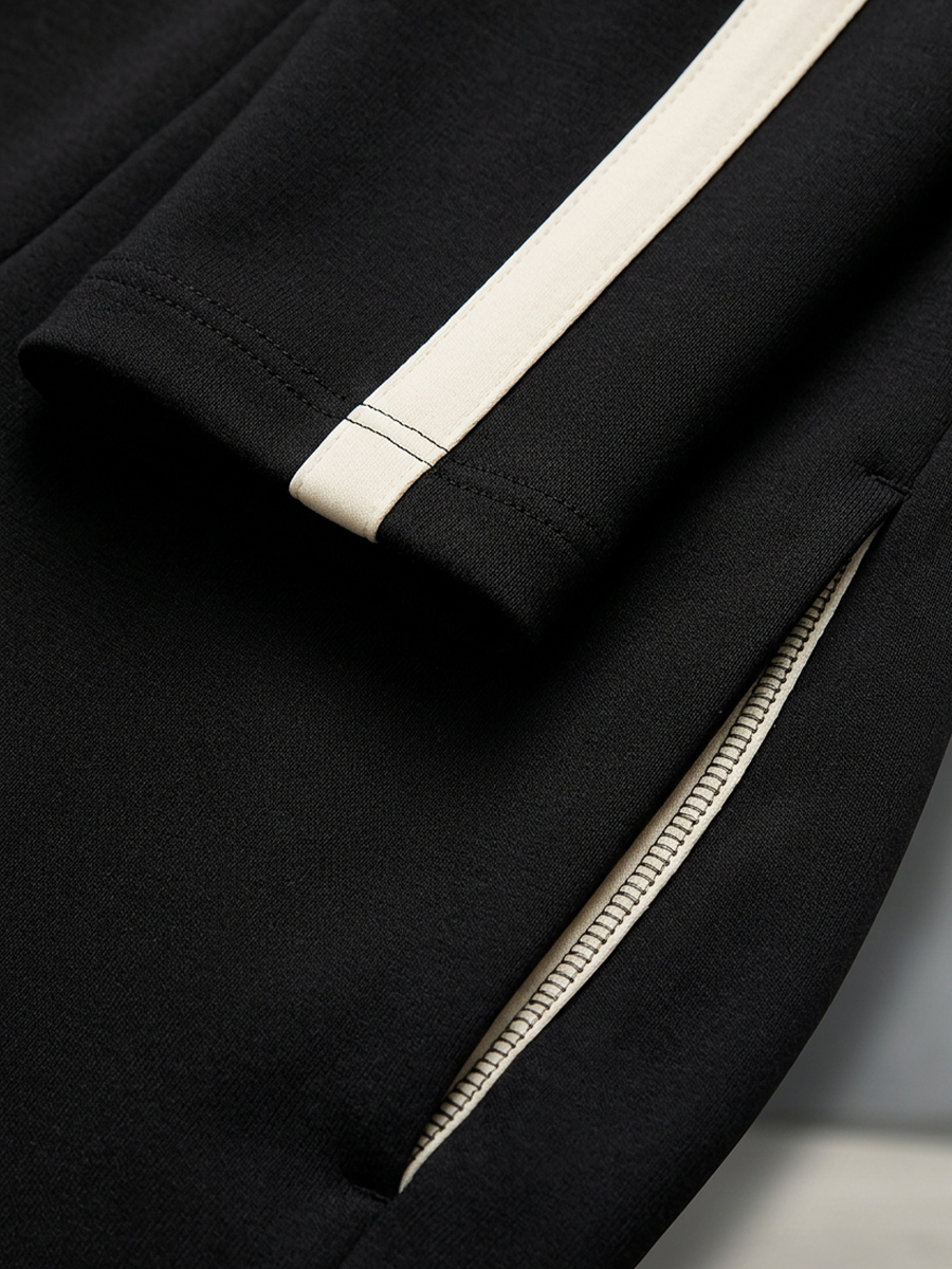 Monique | Ensemble Jogging à Bandes Contrastantes Noires, Haut Col Demi-Zip et Pantalon Large à Cordon