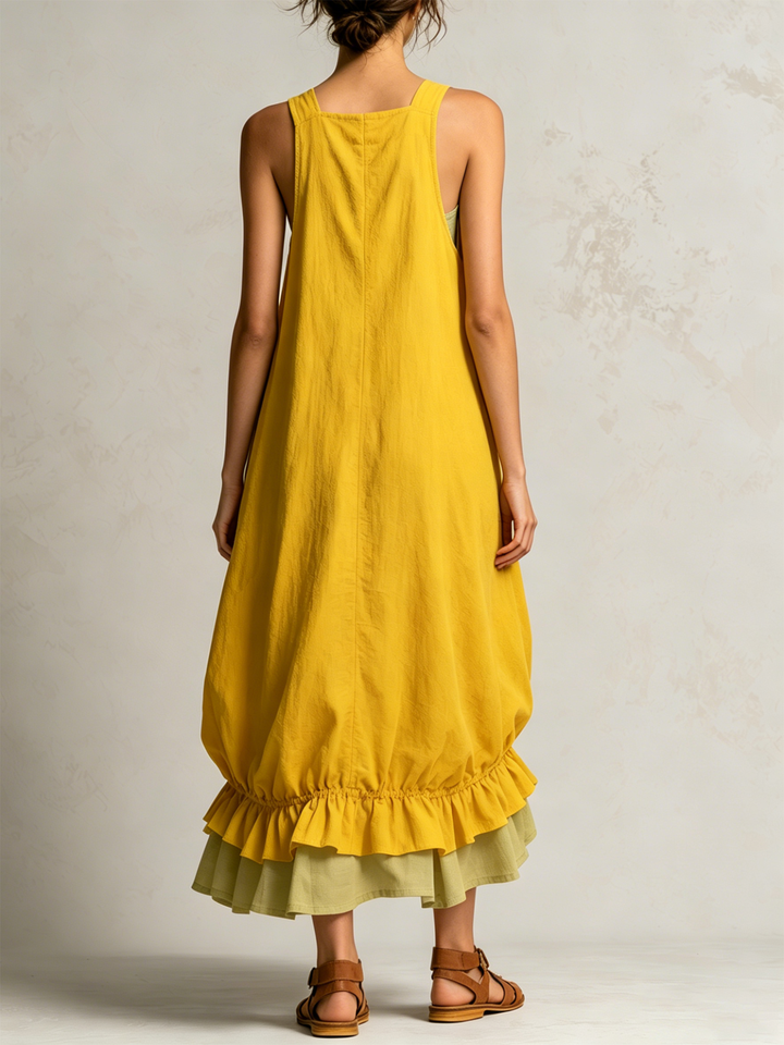 Danielle | Robe Midi Bulle Sans Manches à Grandes Poches, Superpositions et Ourlet Volanté