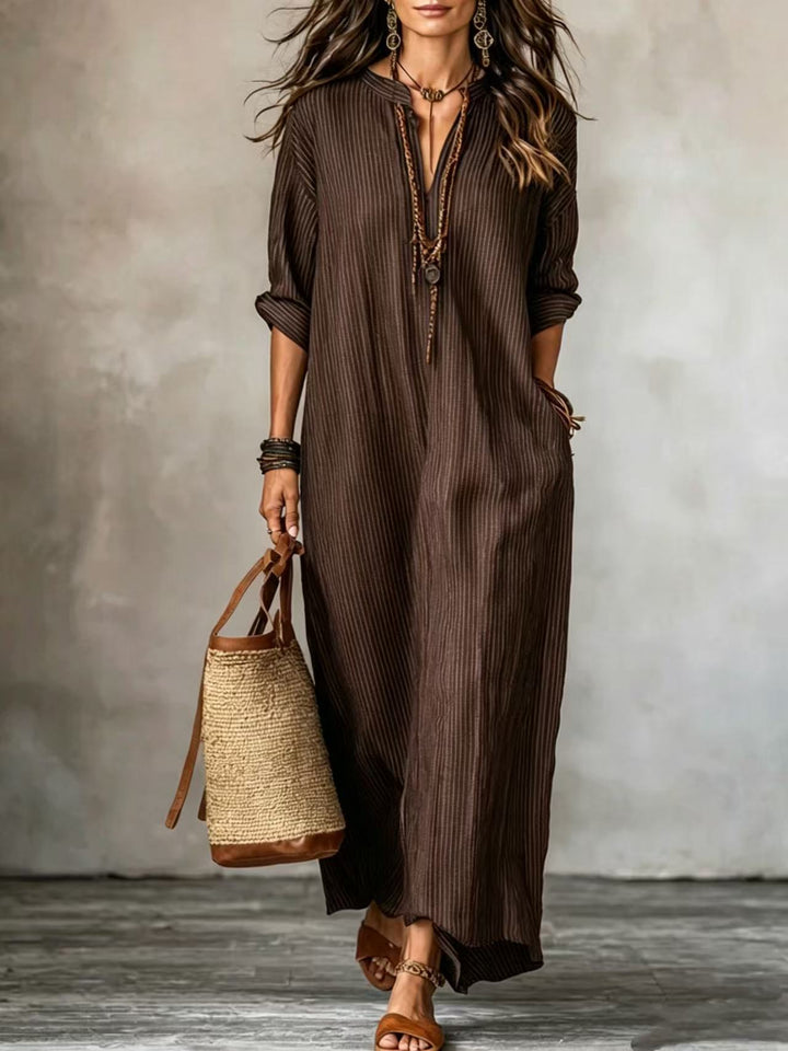 Haven | Robe Longue Rayée à Manches Longues, Col en V et Poches
