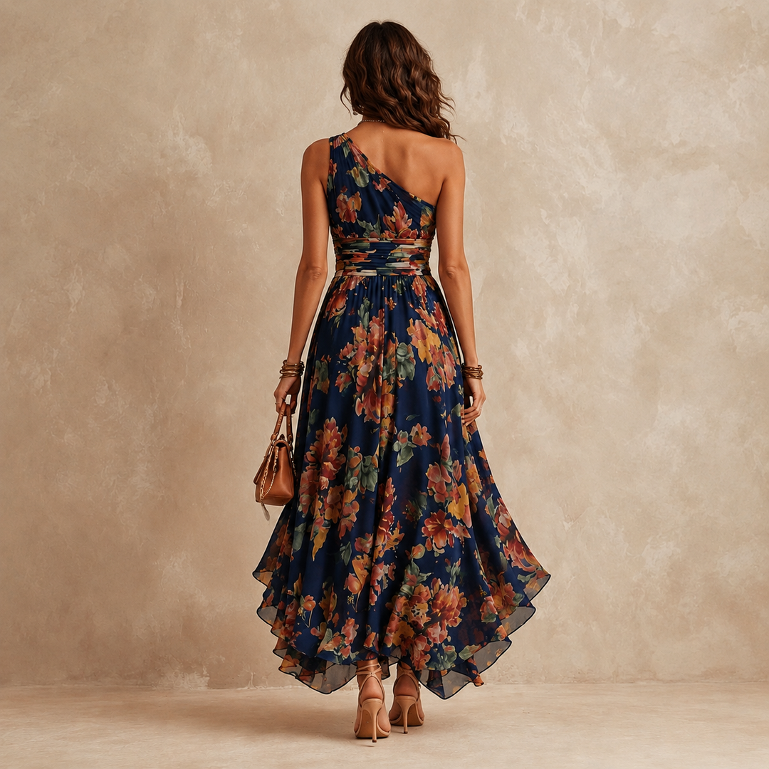 Celeste | Robe Longue Fleurie à Épaule Asymétrique