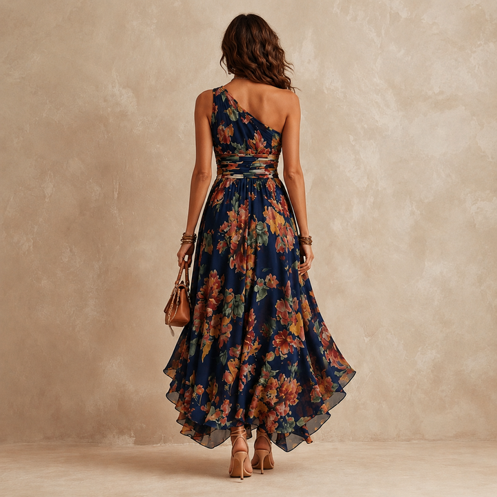 Celeste | Robe Longue Fleurie à Épaule Asymétrique