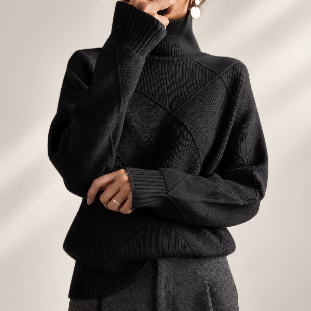 Solène | Pull Col Roulé en Maille Douce Motif Géométrique