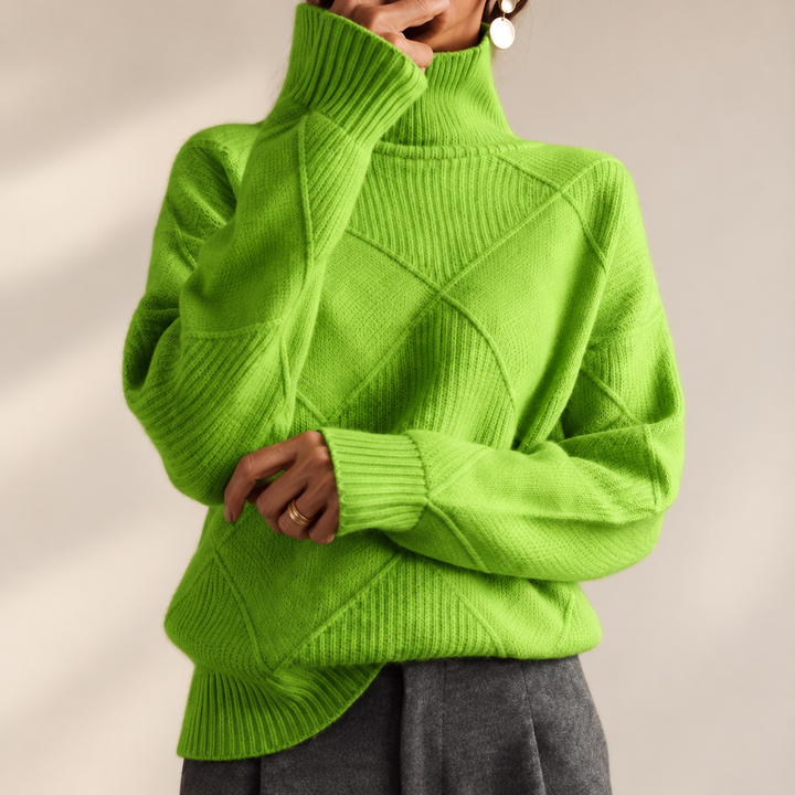 Solène | Pull Col Roulé en Maille Douce Motif Géométrique