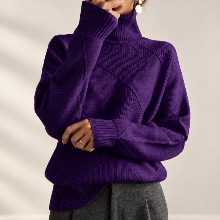 Solène | Pull Col Roulé en Maille Douce Motif Géométrique