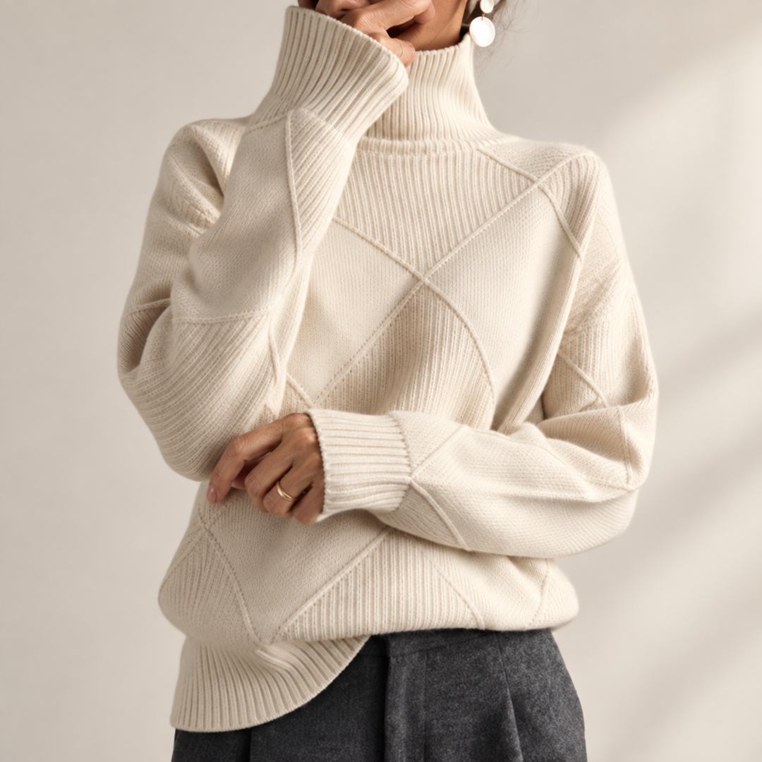Solène | Pull Col Roulé en Maille Douce Motif Géométrique