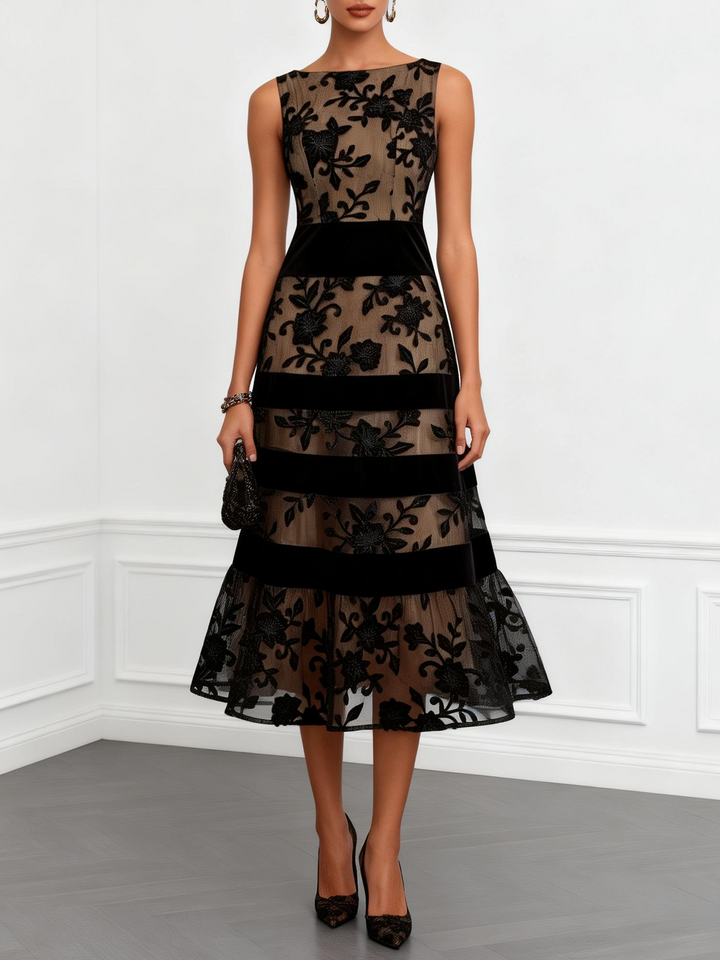 Robe Midi Trapèze en Tulle Fleuri Noir