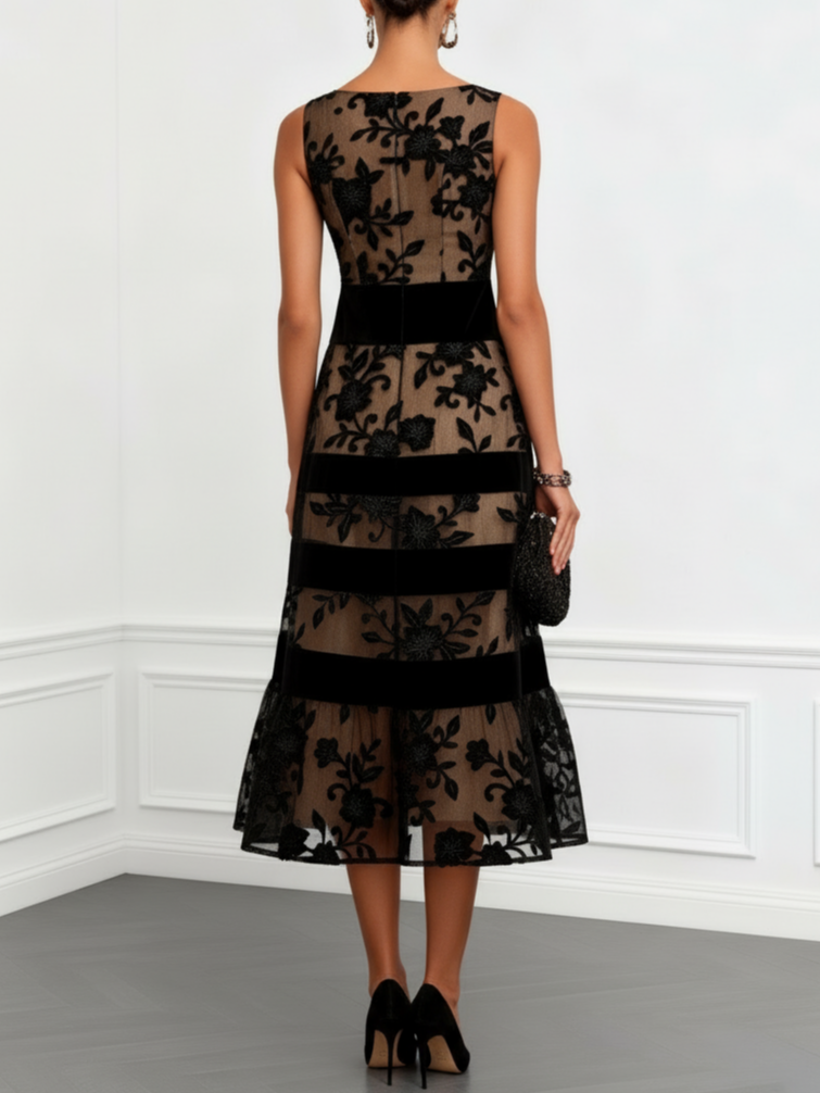 Robe Midi Trapèze en Tulle Fleuri Noir