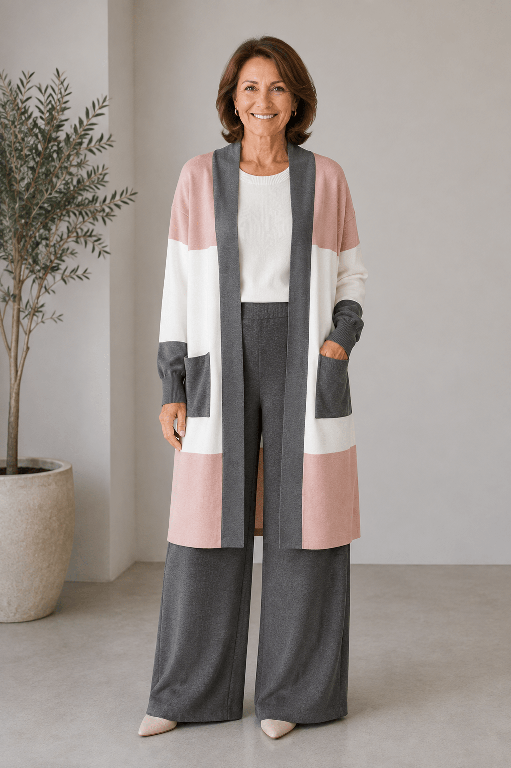 Albane | Ensemble 3 pièces en maille top, pantalon large et cardigan long