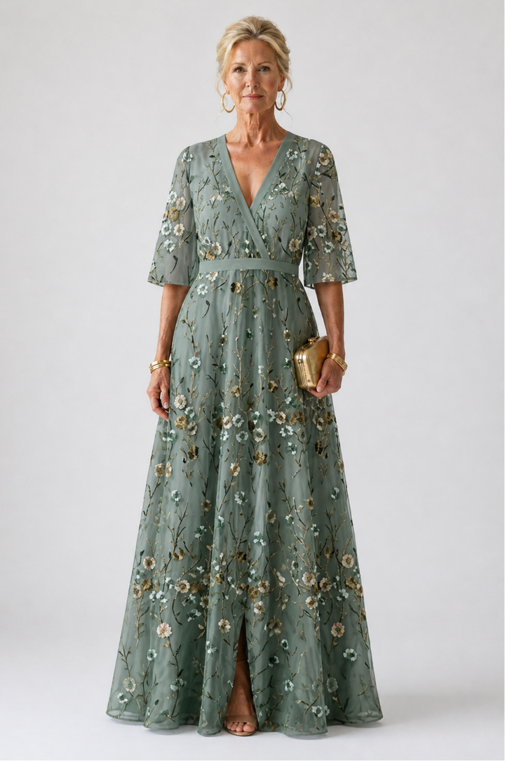Evadne | Robe Longue Fleurie à Col V et Manches Courtes