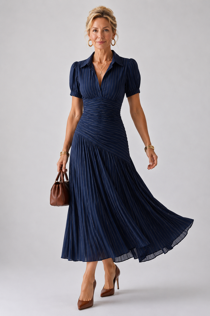 Theodora | Robe Midi Rayée à Taille Plissée