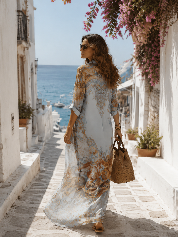 Robe longue en mousseline bleue à motifs floraux, style baroque