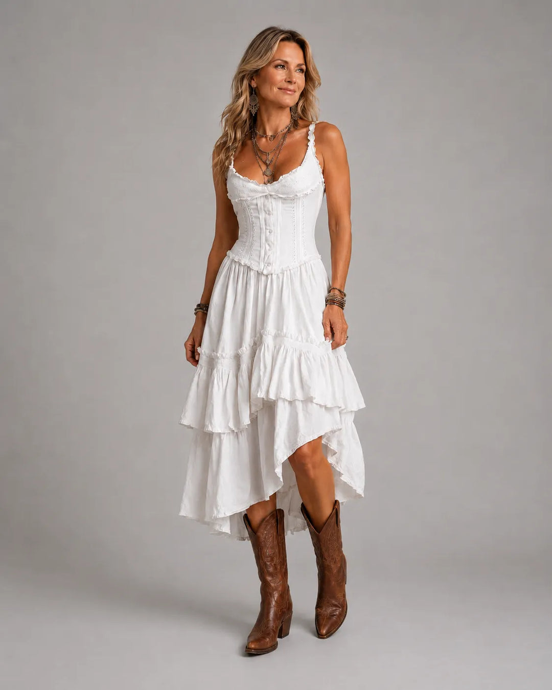 Robe midi bohème rétro à corset, volants superposés et bordure en dentelle