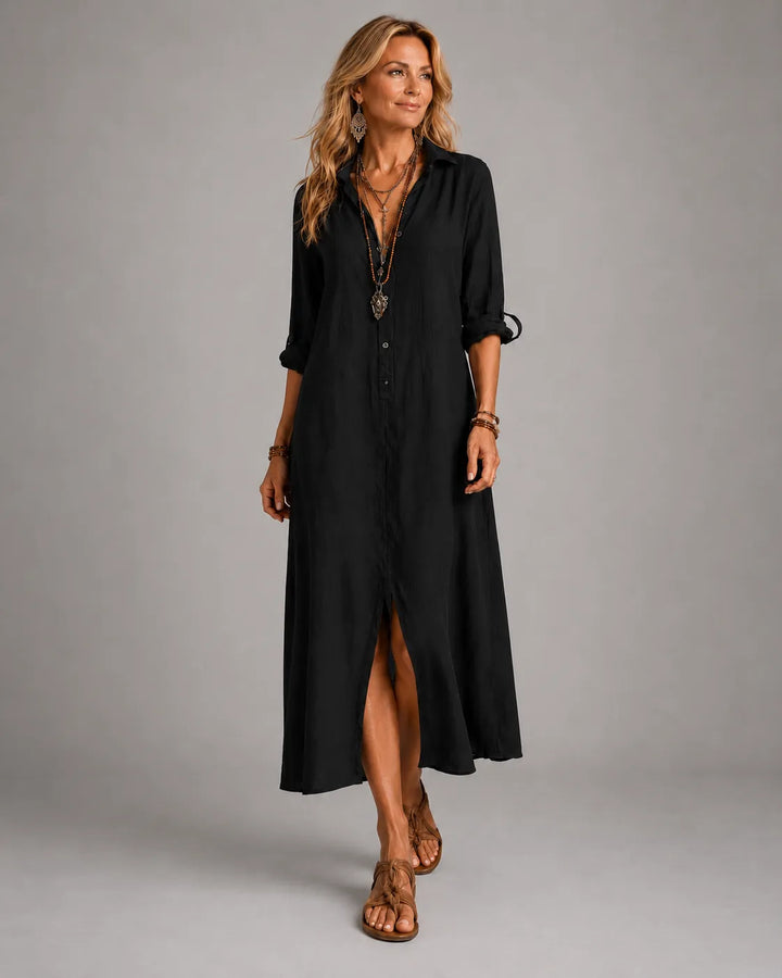 Robe longue chemise bohème noire boutonnée sur le devant