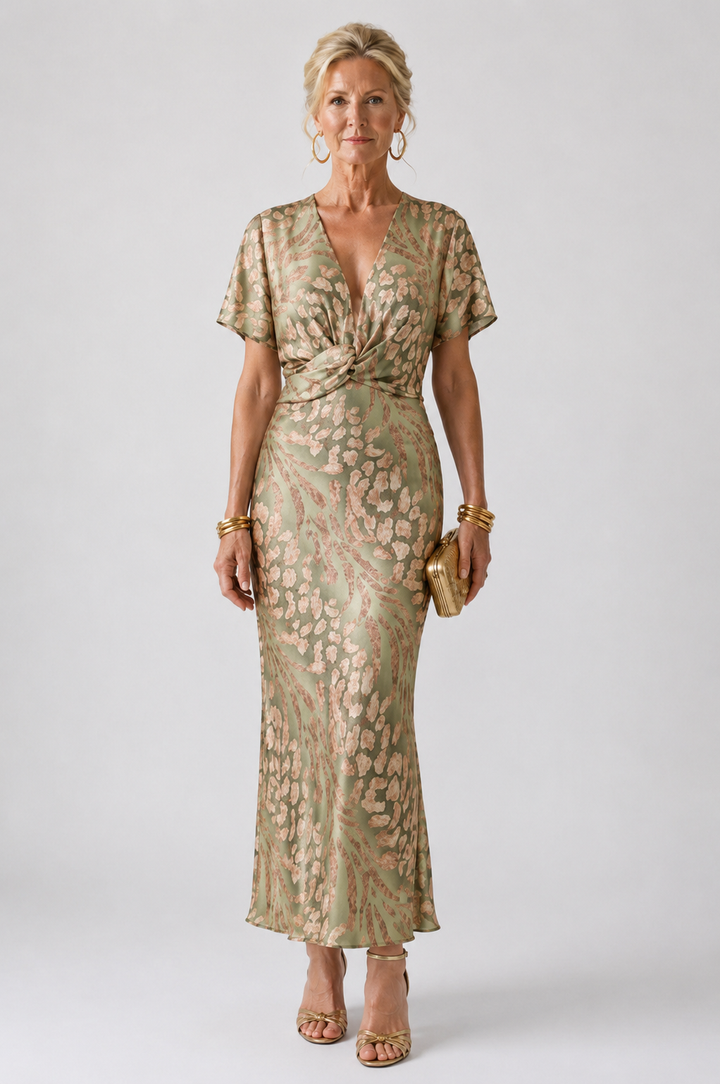 Coralie | Robe Midi Imprimé Abstrait à Col V et Taille Drapée