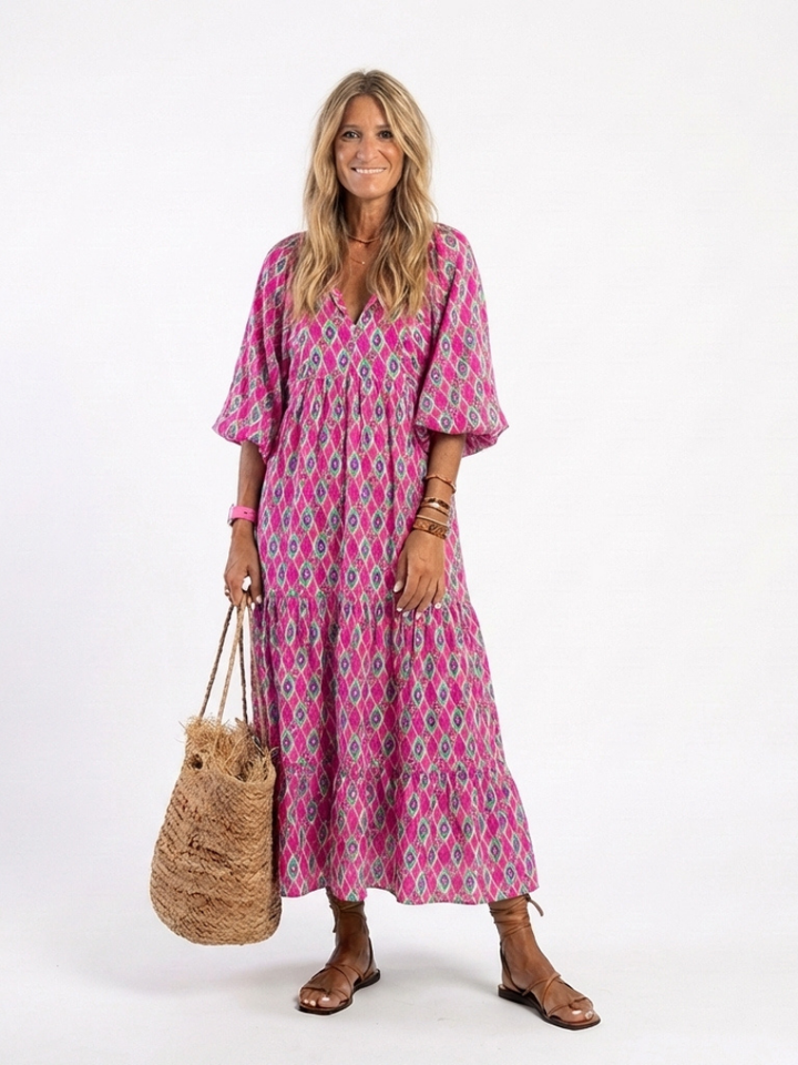 Apolline | Robe Midi Imprimée à Manches 3/4 et Col en V