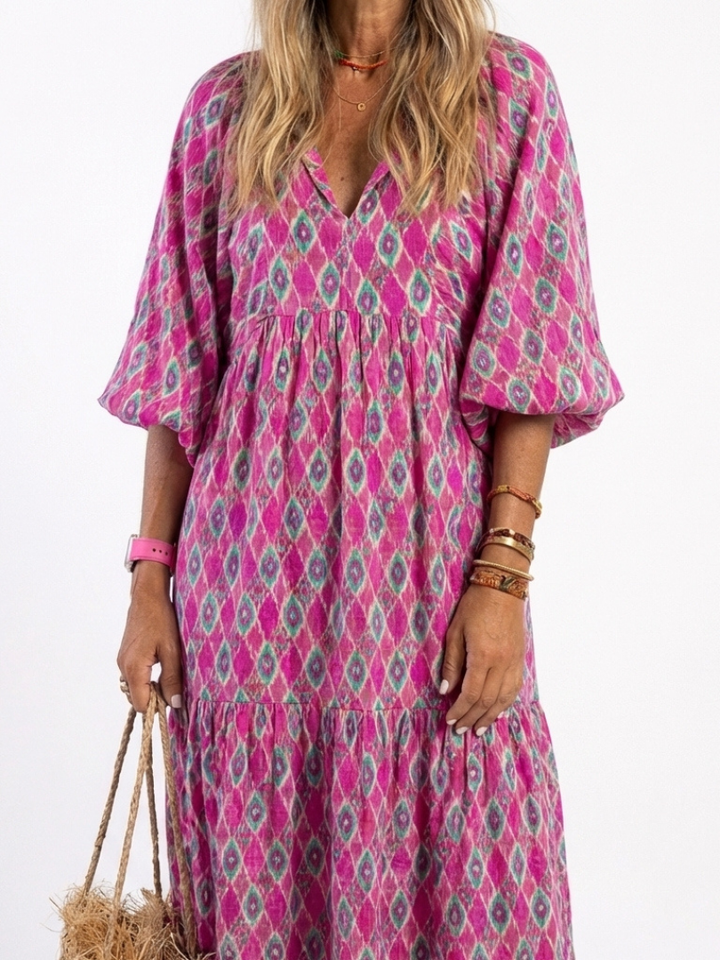 Apolline | Robe Midi Imprimée à Manches 3/4 et Col en V