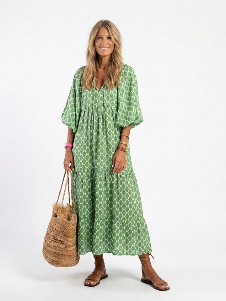 Apolline | Robe Midi Imprimée à Manches 3/4 et Col en V