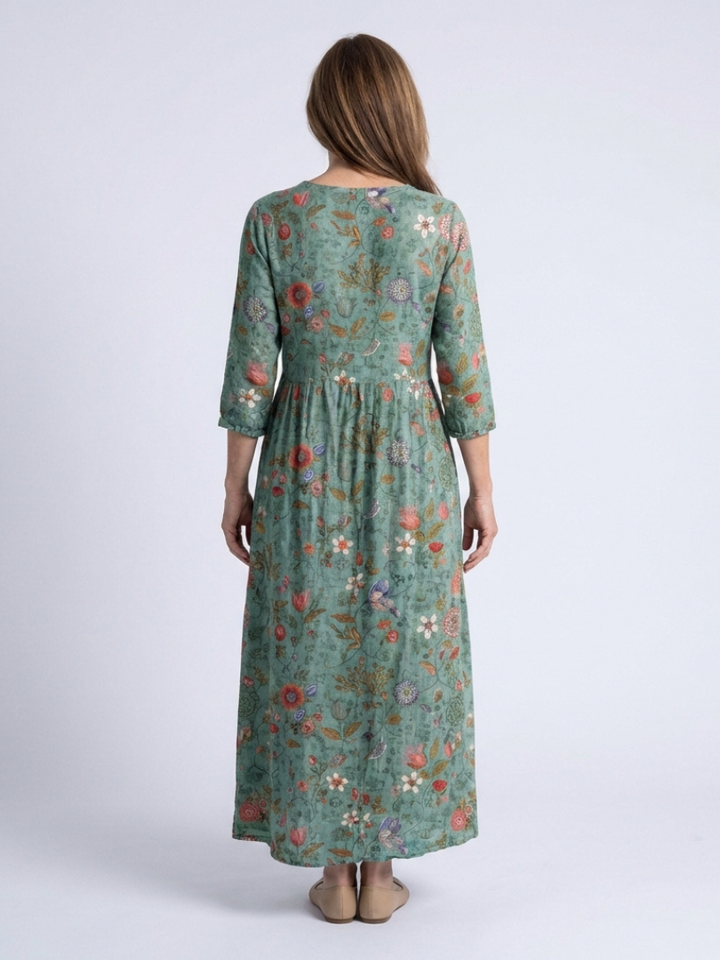 Marina | Robe Longue Fleurie à Col en V et Manches 3/4