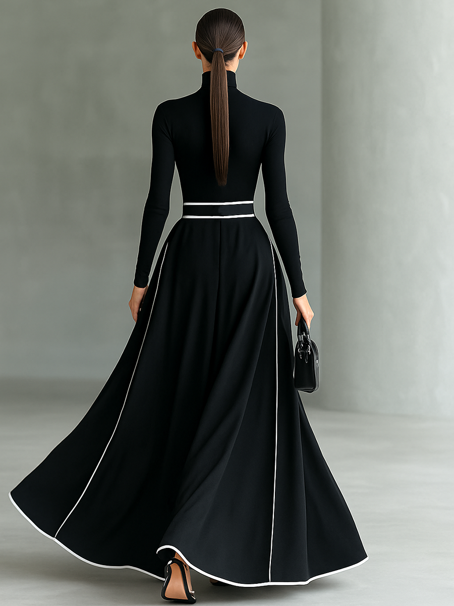 Colette | Robe Maxi Femme Noire à Coutures Blanches et Col Monté, Manches Longues, Taille Cintrée