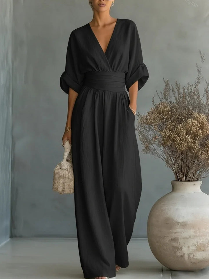 Robe Élégante en V, Dos Nu et Manches Fluides - Maison Élise