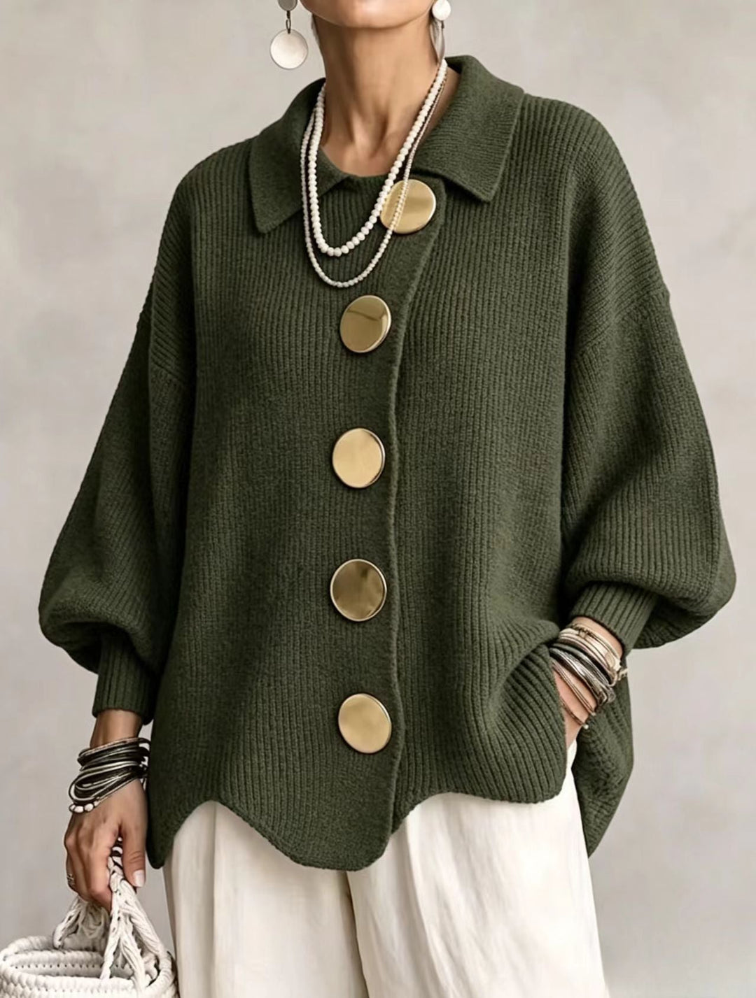 Isadora | Cardigan Oversize à Col avec Gros Boutons Métalliques