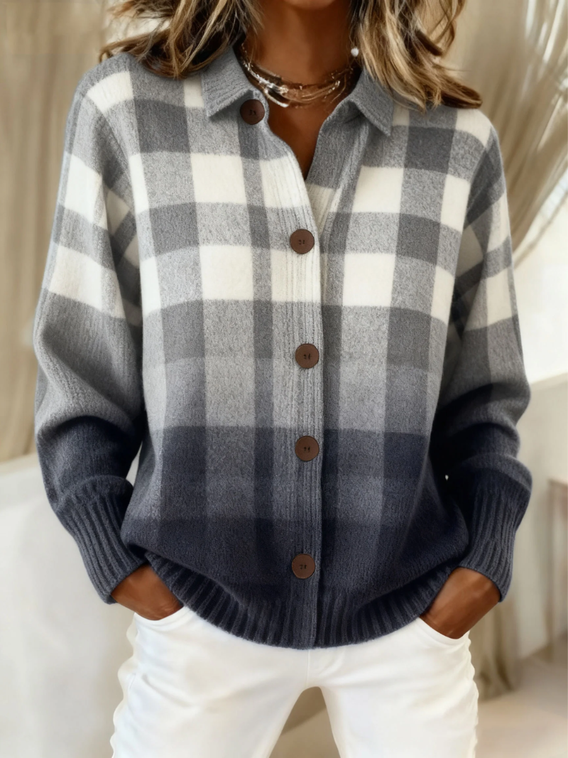 Agnes | Cardigan Boutonné à Carreaux Ombré Gris