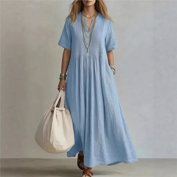 Wren | Robe Longue Bleue à Manches Courtes