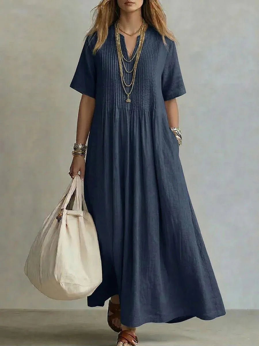 Wren | Robe Longue Bleue à Manches Courtes