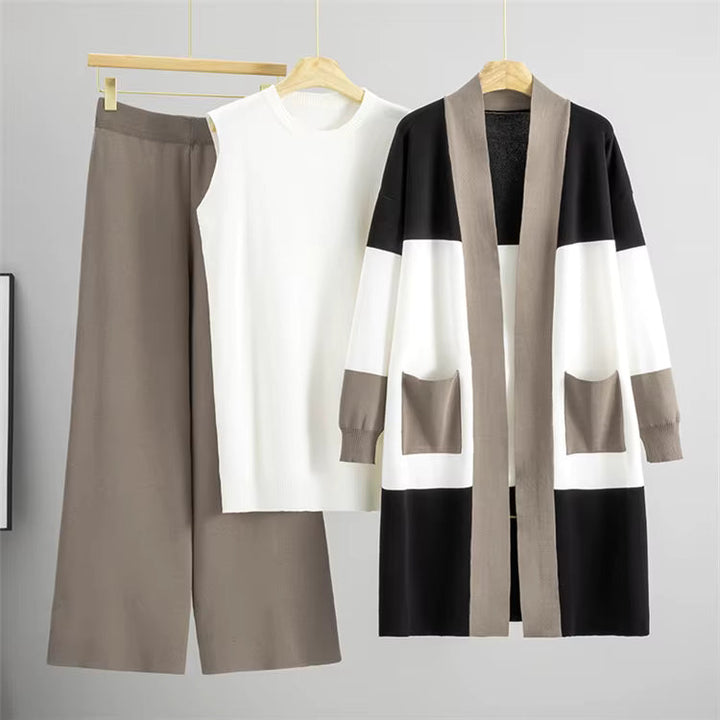 Albane | Ensemble 3 pièces en maille top, pantalon large et cardigan long