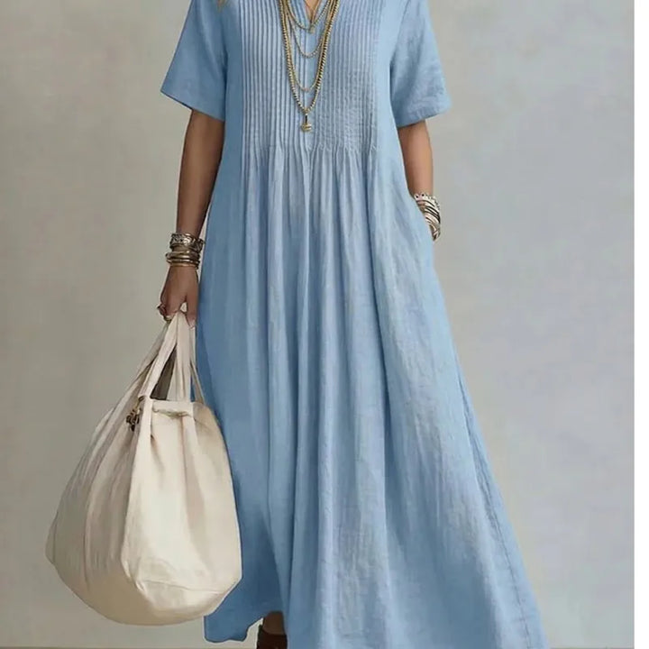 Wren | Robe Longue Bleue à Manches Courtes
