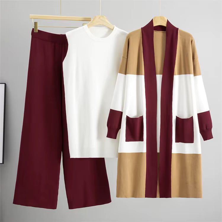 Albane | Ensemble 3 pièces en maille top, pantalon large et cardigan long
