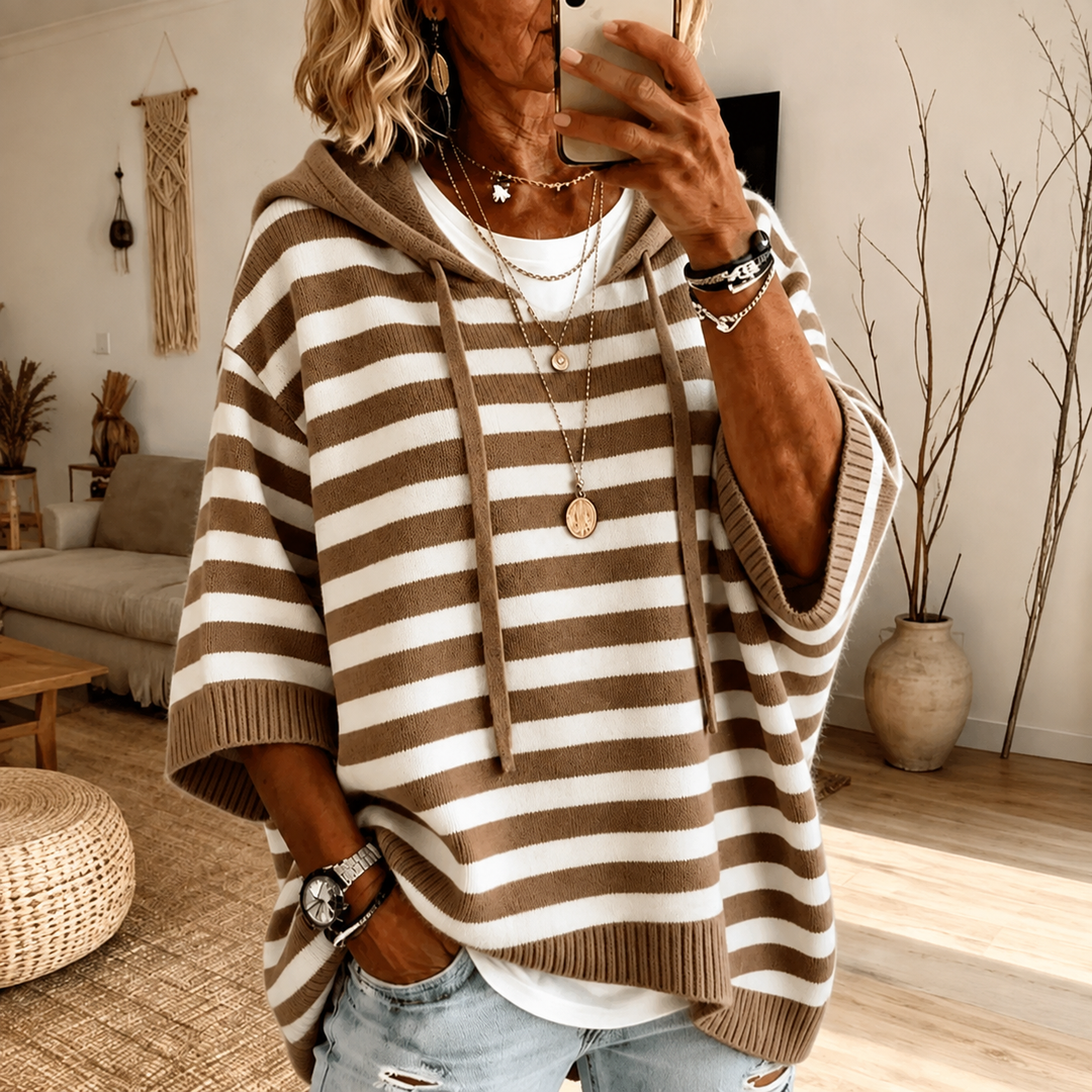 Mathilde | Pull Poncho Taupe à Rayures