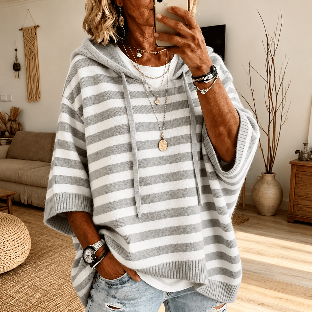 Céline | Pull Poncho Gris à Rayures