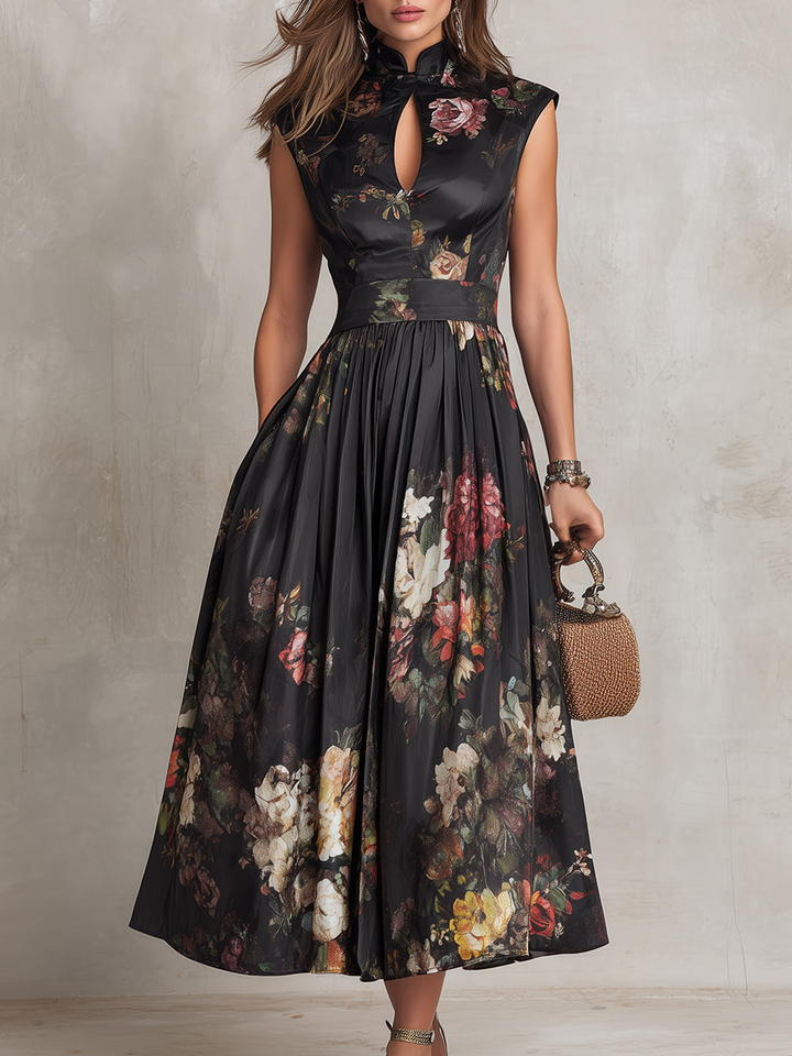Adèle™ | Robe Midi en Satin Plissé, Col Cœur, Noire