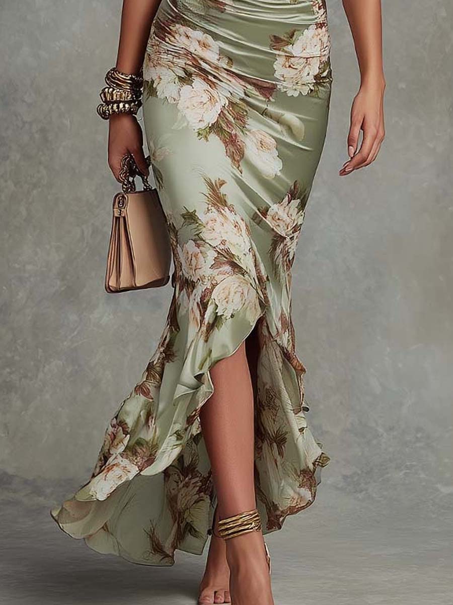 Émilie™ | Robe Maxi Asymétrique en Satin Vert Fleurie, Manches Cloche, Col en V