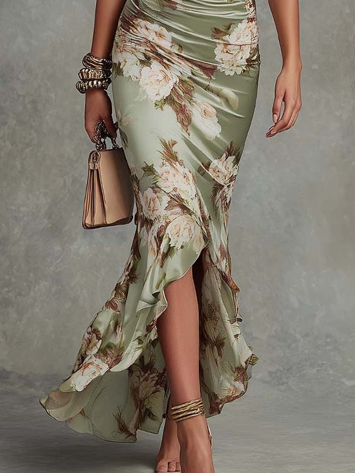 Émilie™ | Robe Maxi Asymétrique en Satin Vert Fleurie, Manches Cloche, Col en V