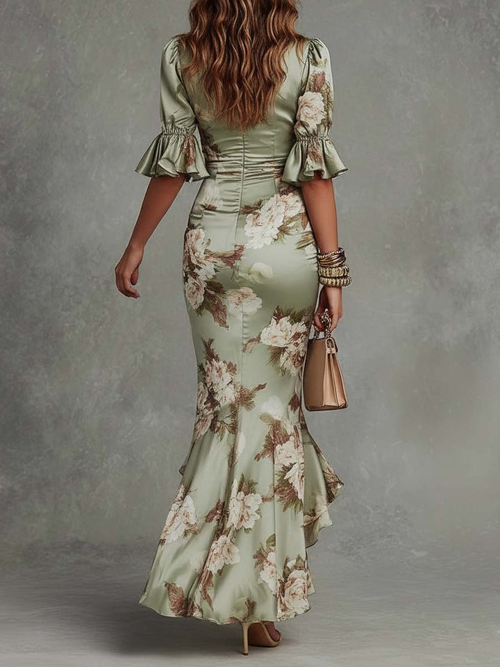 Émilie™ | Robe Maxi Asymétrique en Satin Vert Fleurie, Manches Cloche, Col en V