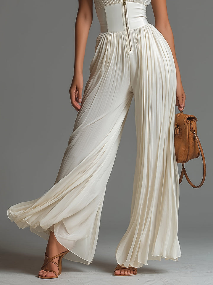 Louise | Combinaison en Chiffon Blanc Sans Manches avec Zip et Plis à Jambe Large