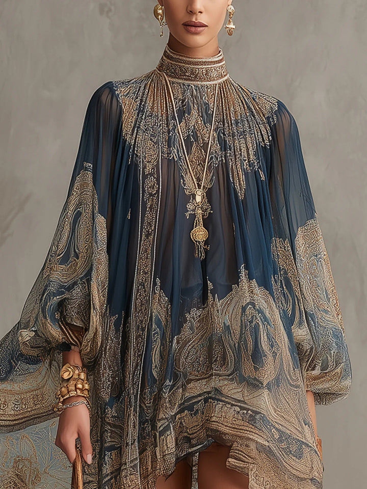 Bérénice | Mini Robe Irrégulière Imprimé Baroque Bleu Marine, Col Haut