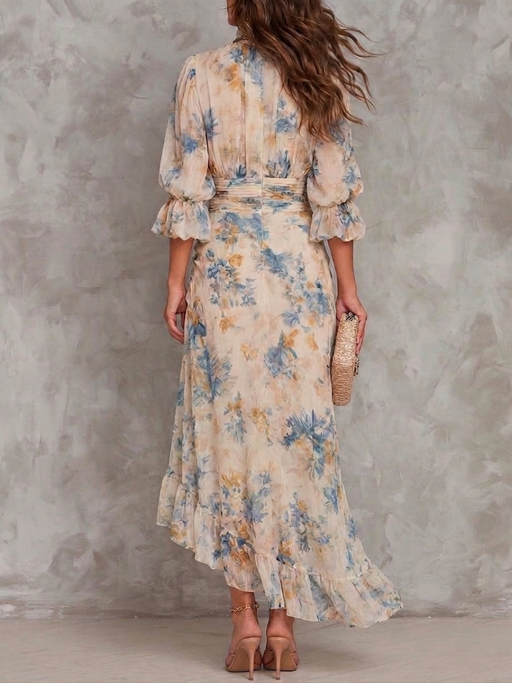 Béatrice™ | Robe Maxi Irrégulière en Mousseline, Imprimé Floral, Col Haut Beige