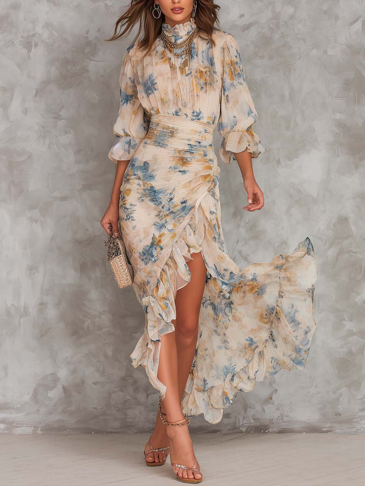 Béatrice™ | Robe Maxi Irrégulière en Mousseline, Imprimé Floral, Col Haut Beige