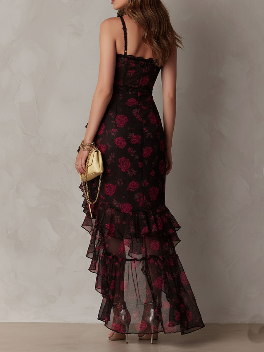 Ondine™ | Robe Chic Noire et Rouge Fleurie, Ourlet à Volants