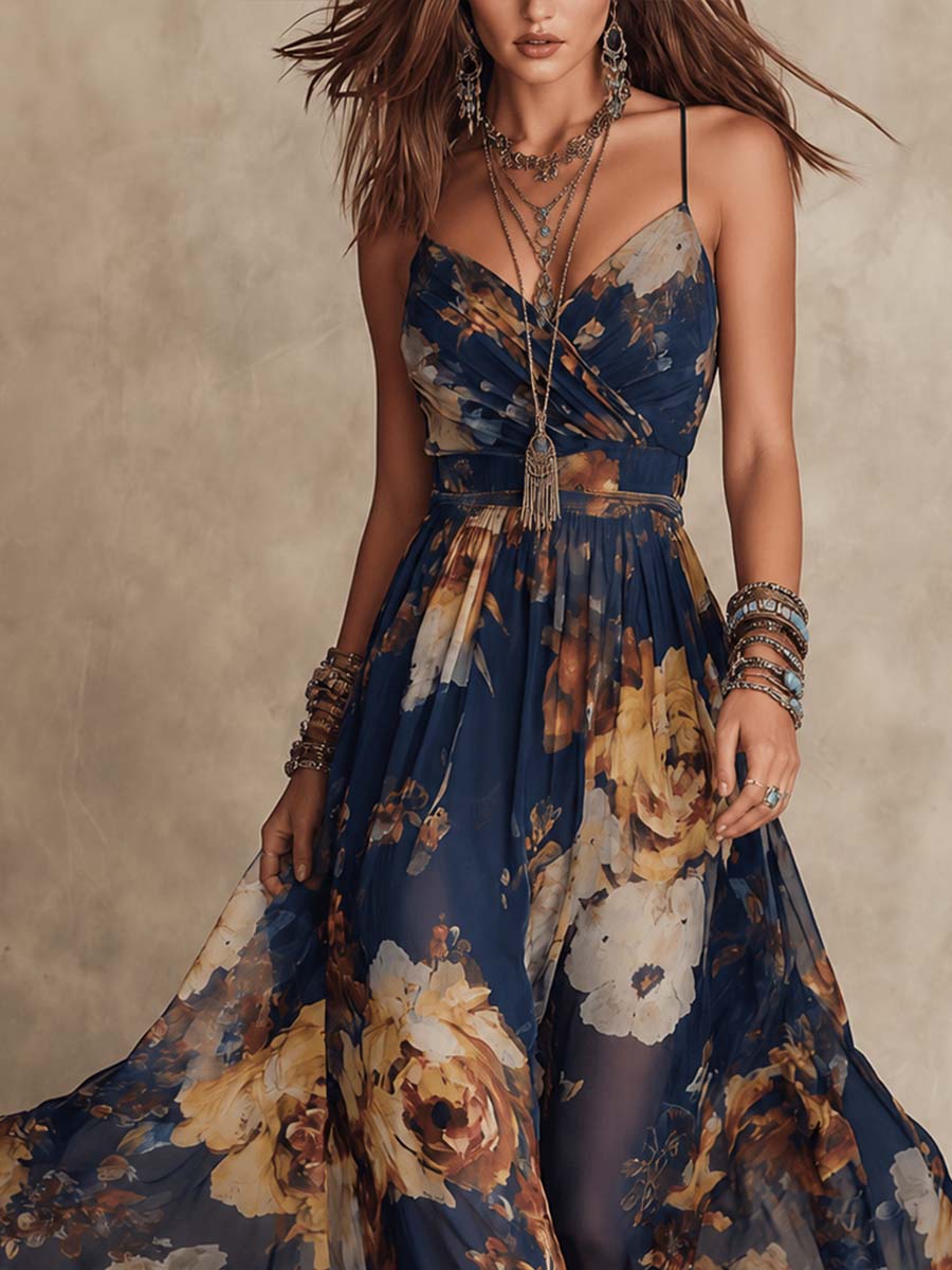 Adrienne | Robe Maxi en Chiffon Bleu Marine à Imprimé Floral et Fines Bretelles