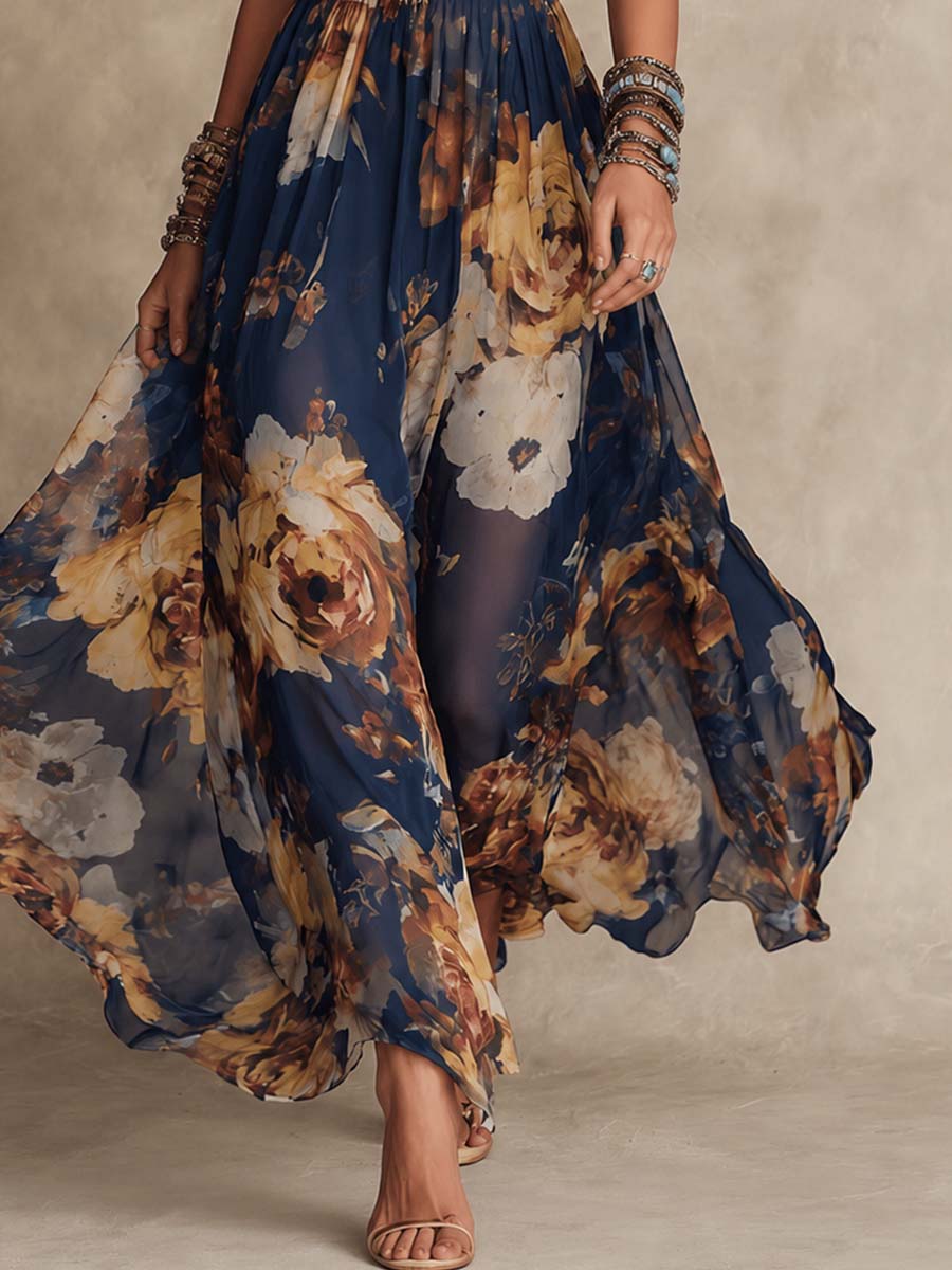 Adrienne | Robe Maxi en Chiffon Bleu Marine à Imprimé Floral et Fines Bretelles