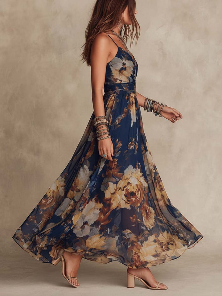 Adrienne | Robe Maxi en Chiffon Bleu Marine à Imprimé Floral et Fines Bretelles