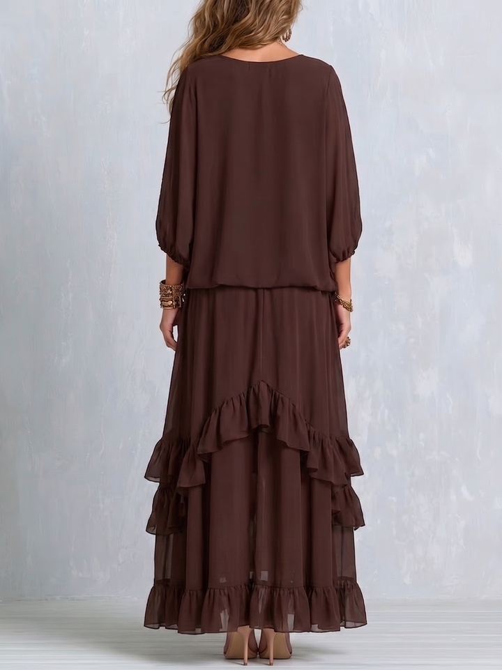 Manon | Haut en Chiffon Marron à Franges et Décolleté en V Associé à une Jupe à Volants Superposés